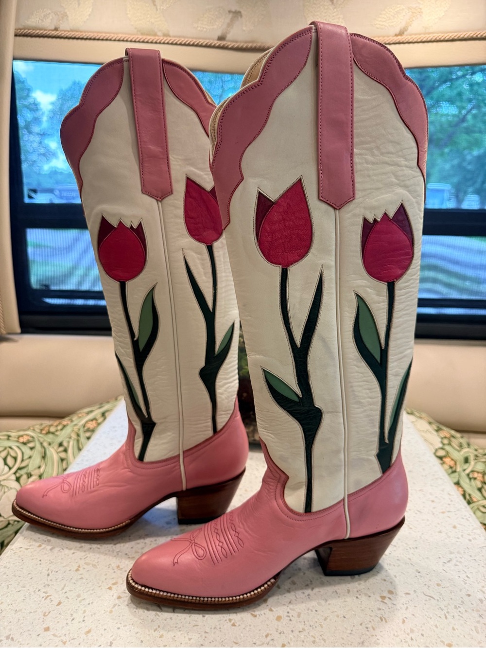 Pink & Cream Tulip Western Heeled Boots